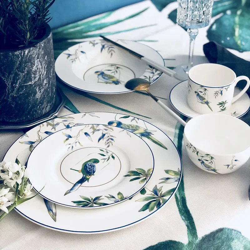 Porcelain Dinner Plate Set, Chinese Traditional Bird Dish, Ceramic Steak Plate, Illustration Dinnerware, Christmas Gift, 8 "