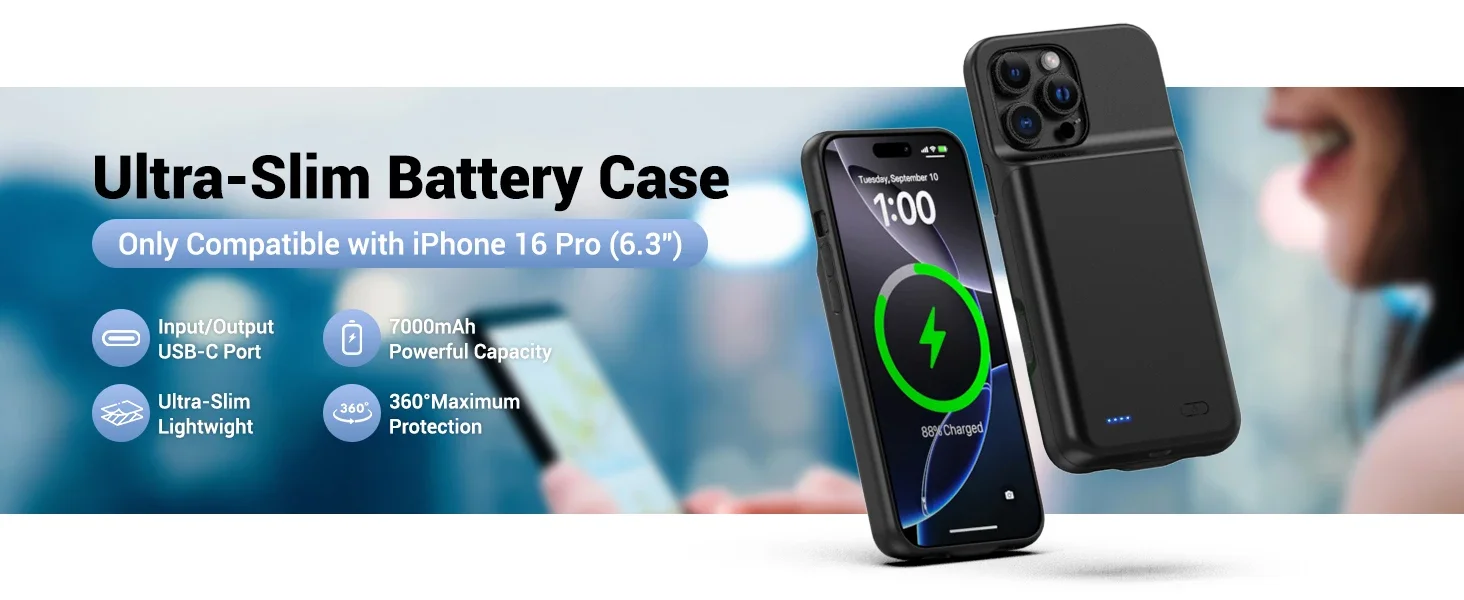 for iPhone 16 Pro Max/16 Pro/16E/16Plus Battery Charger Case Power