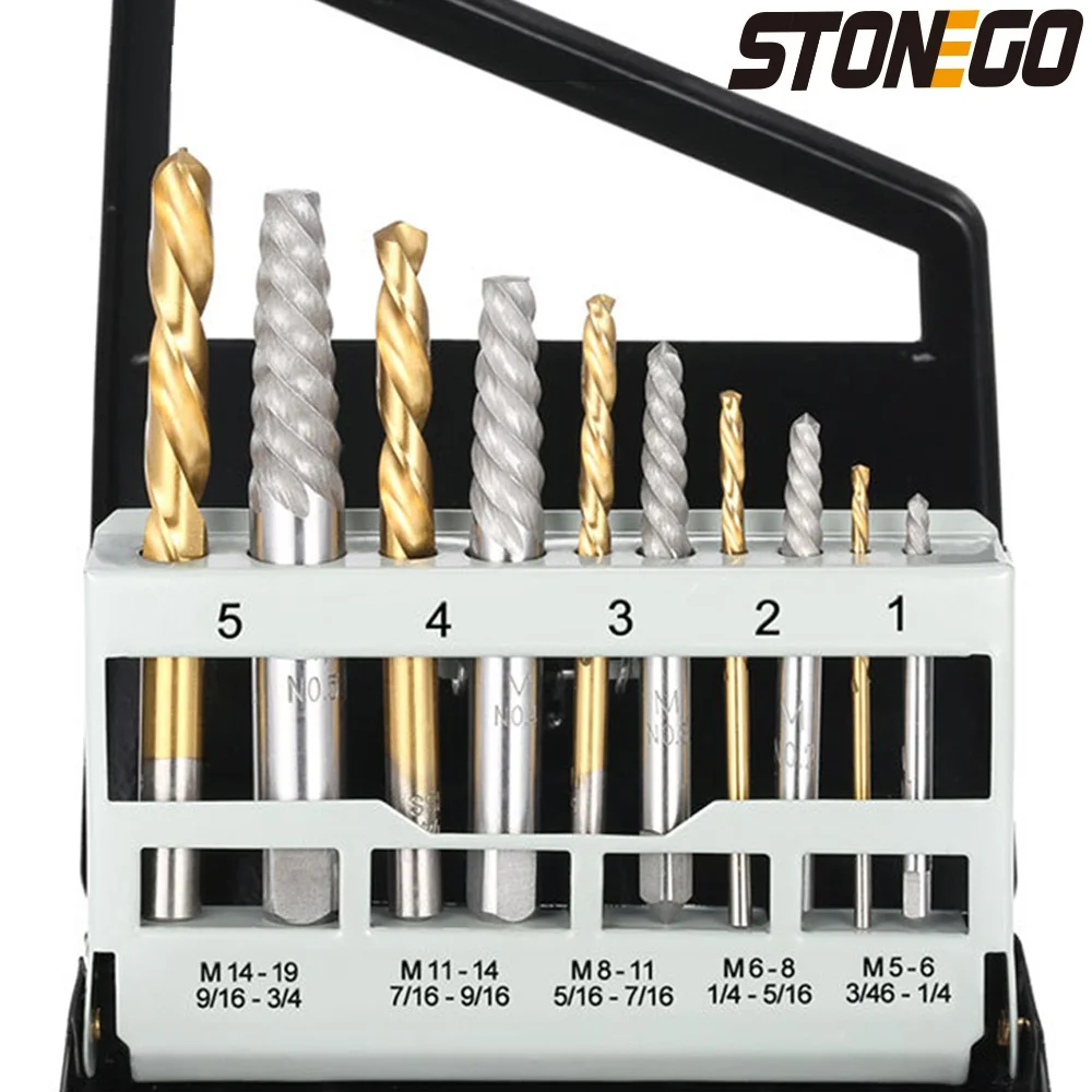 STONEGO 10Pcs/Set Convenient Cobalt Left Hand Drill Bit Broken Bolt Damaged Screw Extractor Set