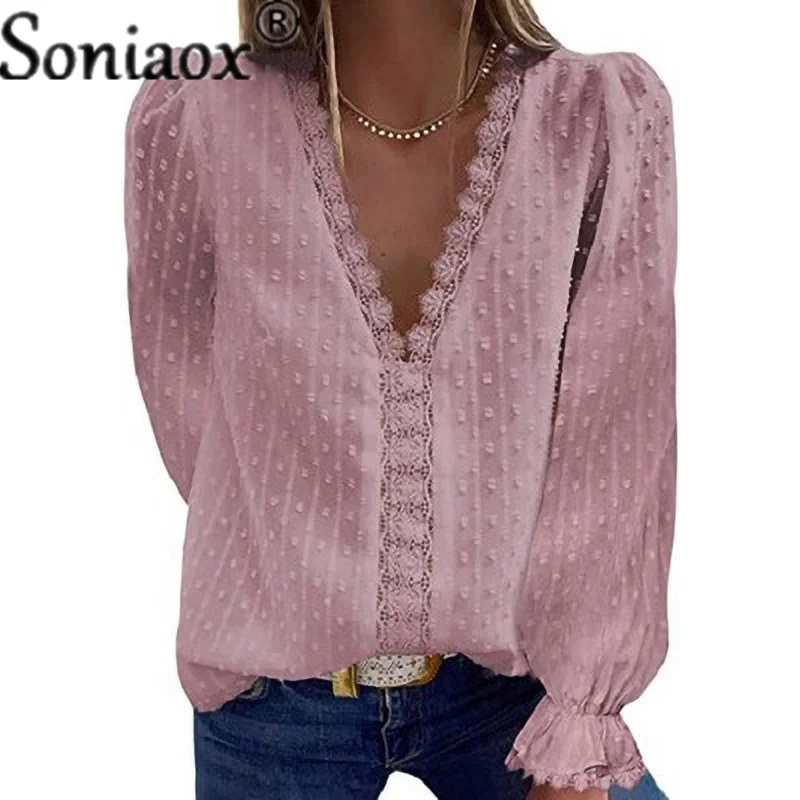 Autumn Fashion Deep V Neck Loose Chiffon Shirt Women Solid Color Jacquard Sweet Female Blouse Casual Splicing Hollow Lace Tops