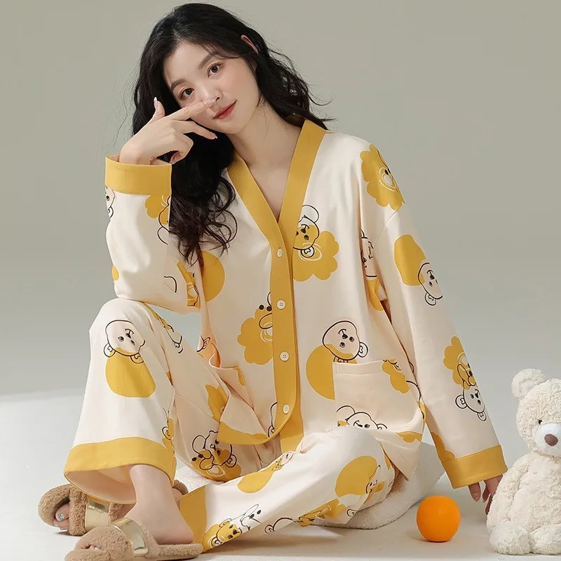 Spring Autumn Women's Thin Pure Cotton Pajamas V-neck Long Sleeve Cardigan Breathable Home Clothing Set Cartoon Cute Sleepwear