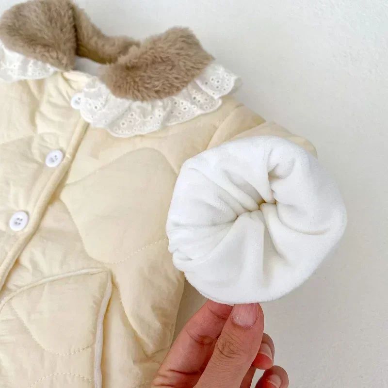 Winter Baby Girl Snow Wear 0-2Years Princess Newborn Long Sleeve Fur Collar Fleece Thicken Warm Down Caot Outerwear Clothes