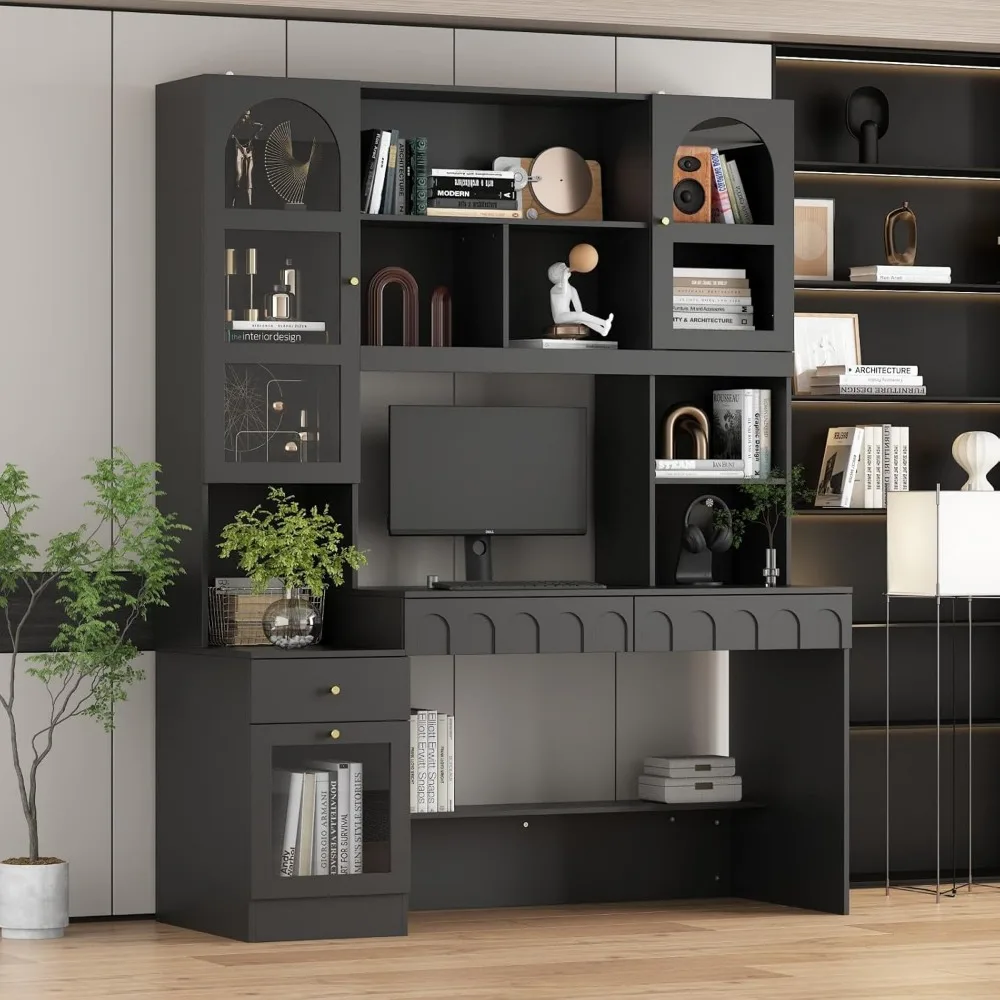 62 Inch Home Office Desk with Shelves, Cabinet Desk with Drawers and Glass Doors, Computer Desk with Storage Cabinets 3