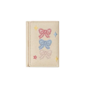 Portacarte Portatile in Pelle PU con Fiocco Ricamato, Porta Tessere Carino e alla Moda, Borsa per Carte Ricamata per lo Shopping