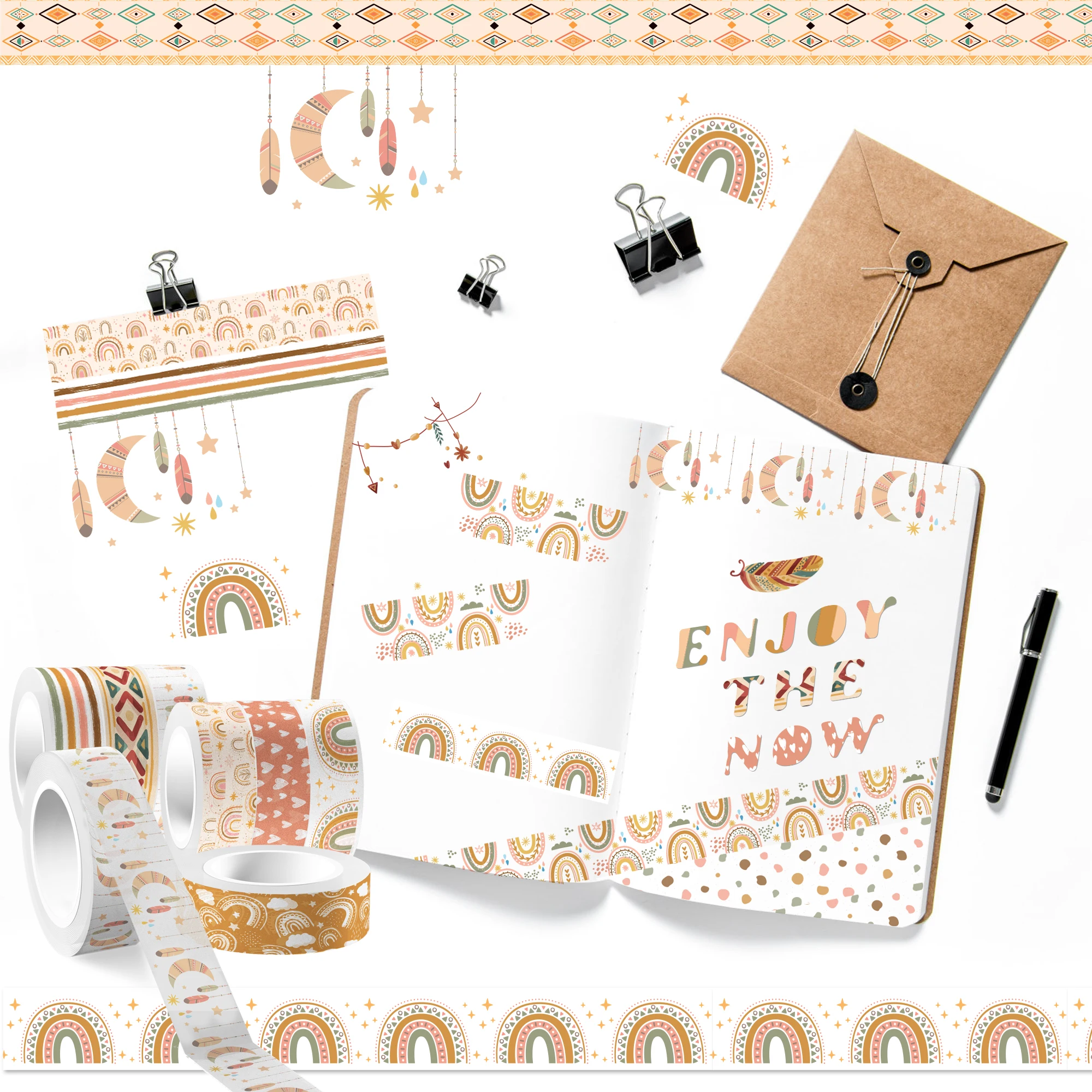 12 Pezzi Bohémien Rainbow Paper Washi Tape Handbook Decoration Tape Album Fai Da Te Nastro Di Cancelleria Cancelleria Decorazioni Creative Con Nastro