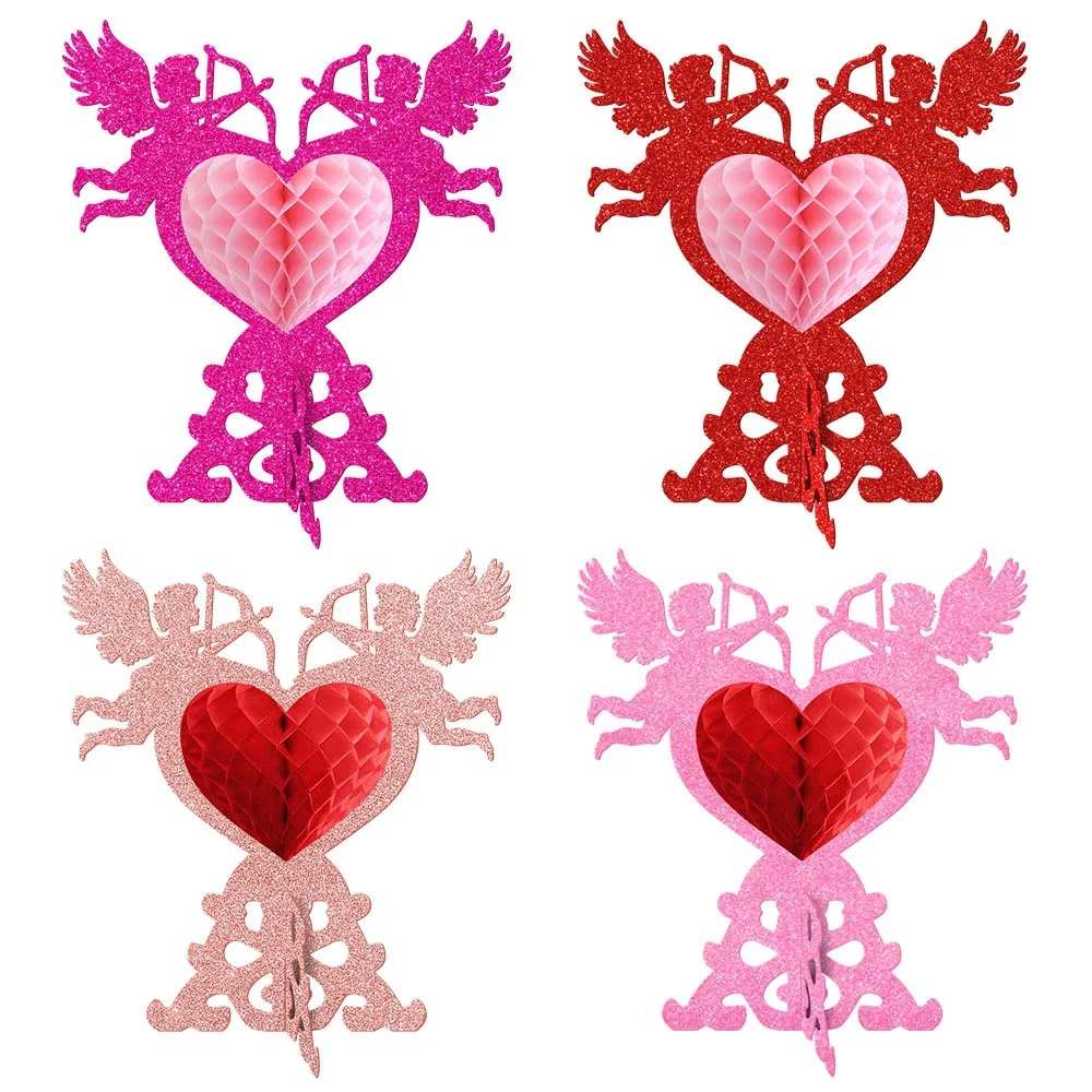 Sweet and Romantic 4-Piece Set of Shiny Angel Heart Honeycomb Desktop 3D Ornaments for Valentine's Day Confession, Engagement, Wedding Celebration, Banquet, Wedding Room DIY Decoration