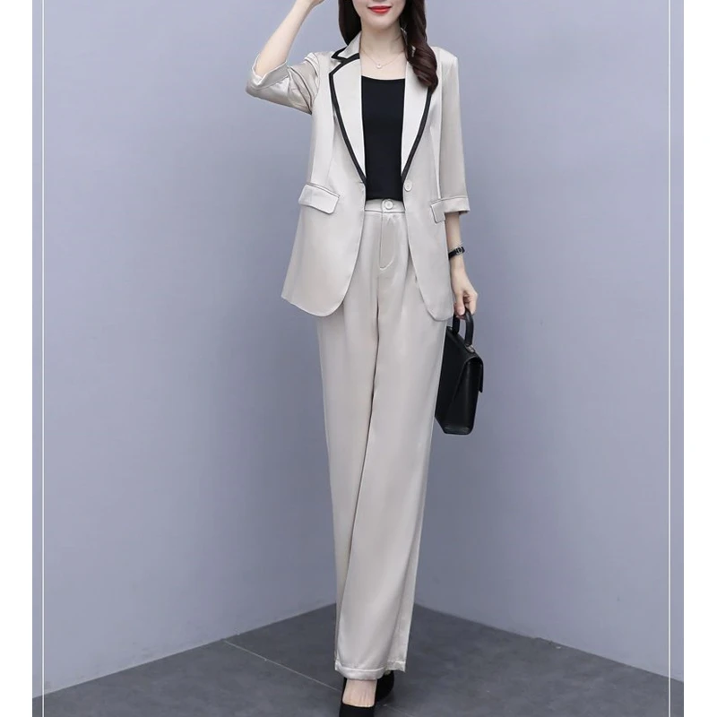 Women Spring Summer Thin Blazers Pants Two Piece Set Office Lady Graceful Patchwork Suit Coats Trousers Outfits Workwear Female