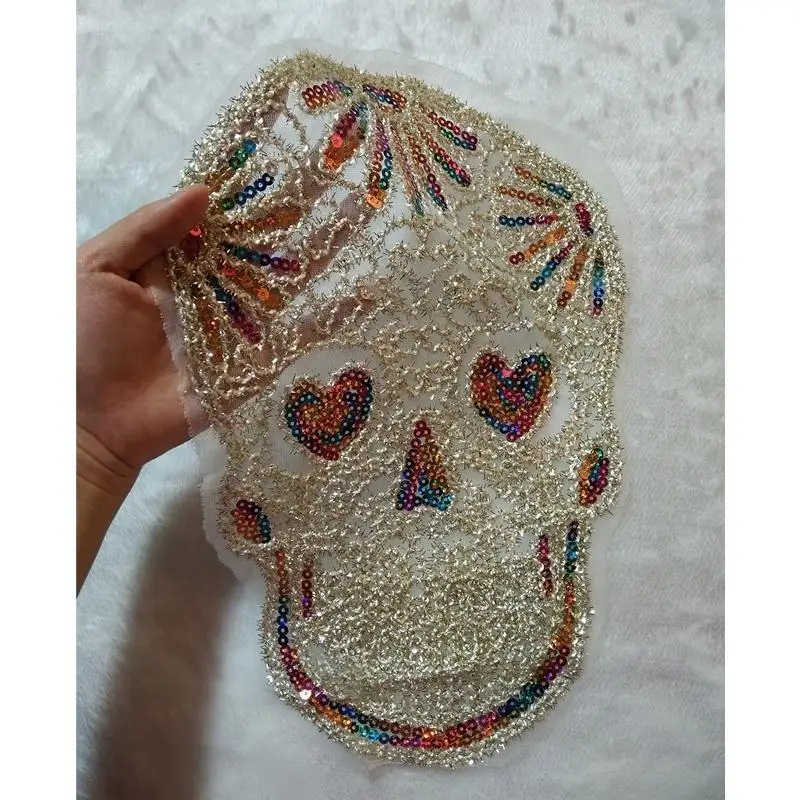 Lace Sequin Halloween Skull Patch Halloween Decorative Embroidery Clothing Patch Colorful Skull Sequin Patch ClothingAccessories