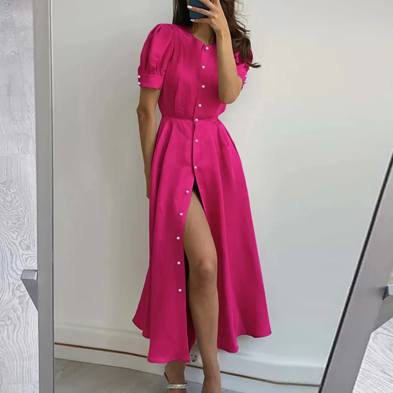 

Elegant Midi Long Dress for Women 2023 Summer O-neck Office Formal Dresss Korean Single-breasted Solid Color Maxi A-Line Vestido