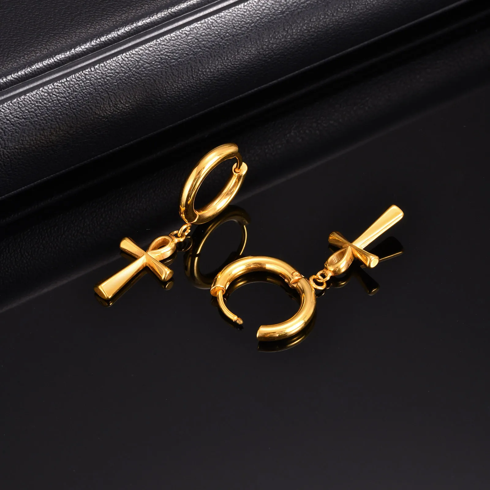 Vnox Punk Ancient Egyptian Ankh Cross Earrings for Men, Stainless