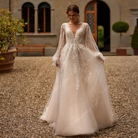 Sweetheart V-Neck Women Wedding Dresses Lace Printing A-Line Bridal Gowns Elegant Multi-Layer Sheer Vestido De Novias Customized 1