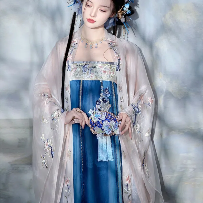 New Chinese Style Pink and Blue Embroidered Double-Layer Raccoon Suspender Skirt Han Element Suit