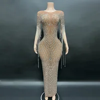 Transparent Long Diamond Dark Brown Party Dress Birthday Luxury Costume Fancy Brilliant Dancer Wedding Dress Impressive Dress 1