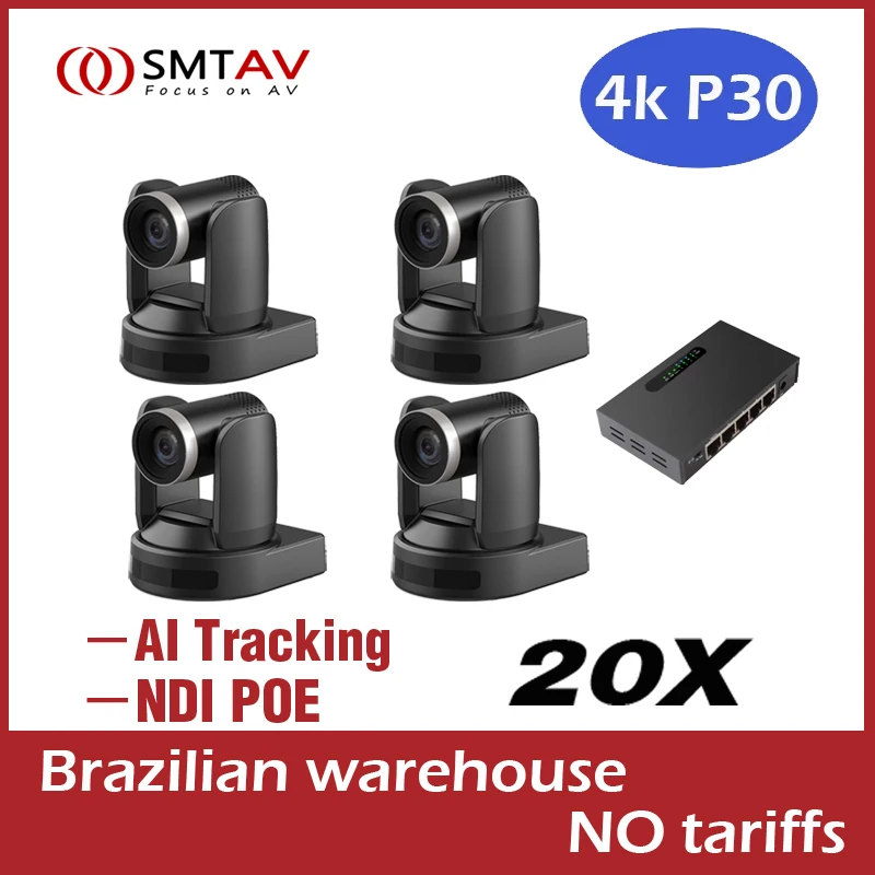 SMTAV 4PCS AI 자동 추적 4K NDI 20X 카메라 SDI USB PTZ 카메라 HDMI IP 지원 POE 교회 회의 선물 POE 스위치