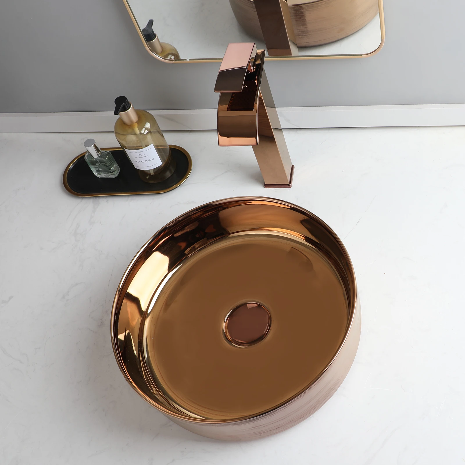 ZAPPO Bathroom Vessel Sink Faucet and Drain Combo14 Inch Bowl Sink Rose Gold Vessel Sink Round Ceramic Sink for Bathroom Counter 3
