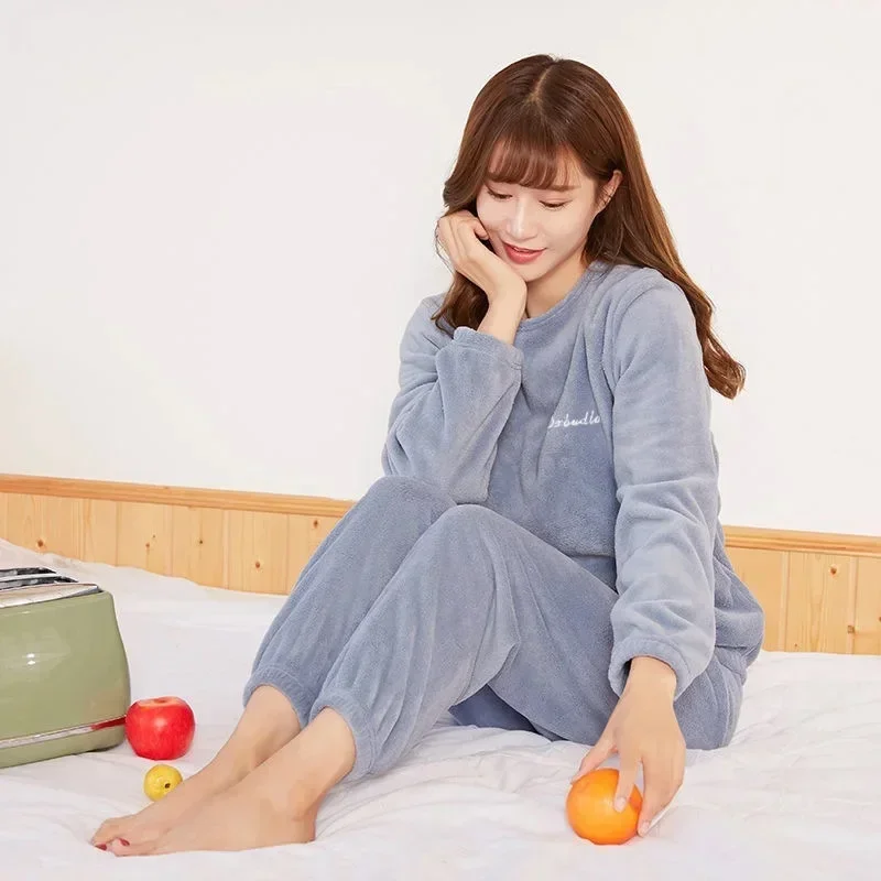 Women Velvet Pajama Set Fleecing Warm Loose Top And Elastic Waist Pants Home Casual Warm Woolen Suit Autumn Winter cotton pajama set