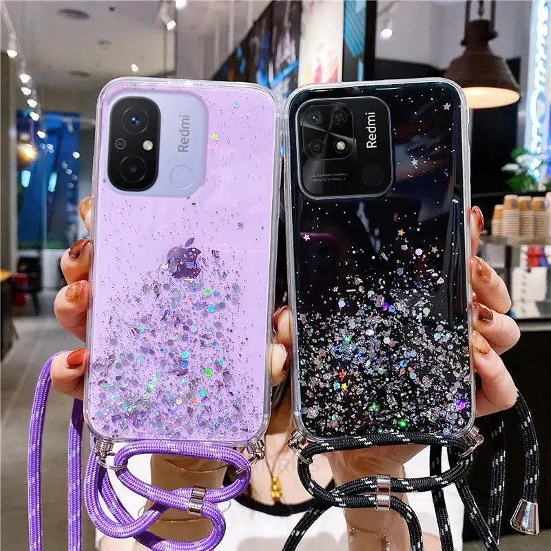 Redmi12c, correa de lujo con purpurina, collar con cordón, funda con cordón para Xiaomi Redmi 12C 10C 9C Nfc A2 A1 Plus, funda trasera 10a 9a Poco C40_voghion.com