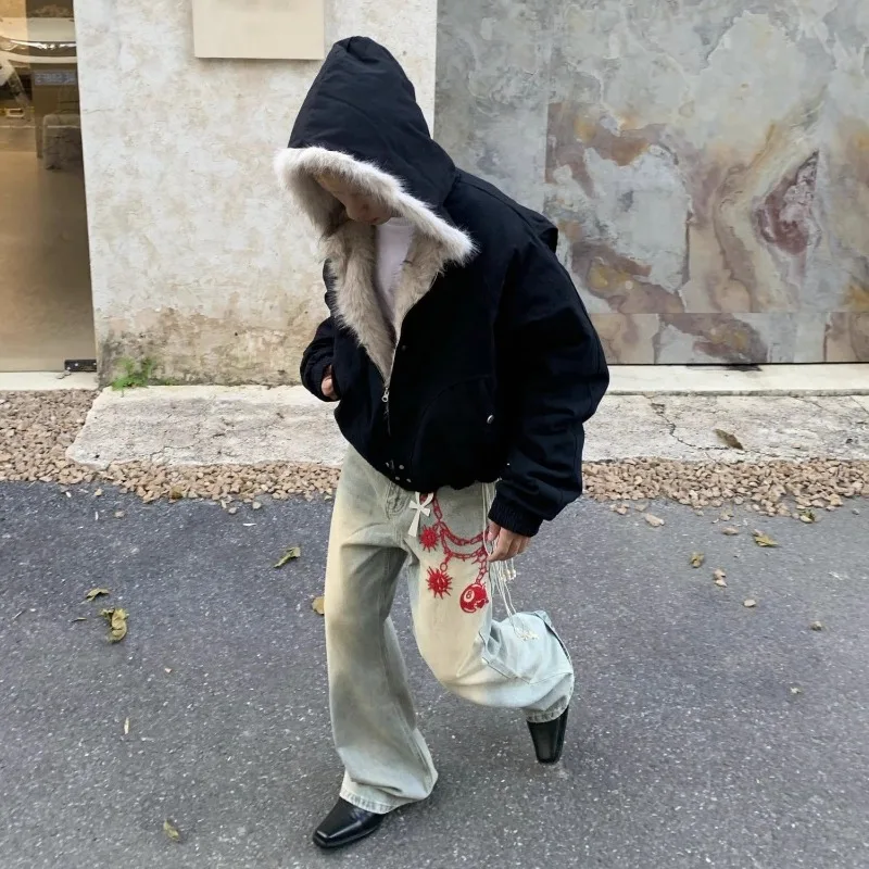 American Fashion Solid Color Fur Collar Cotton Hooded Jacket Men Autumn Winter Street Loose Velvet Thickened Casual Jacket 3