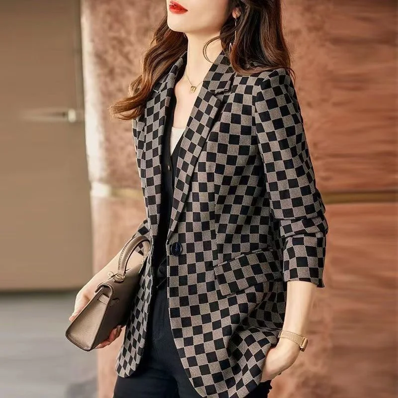 Fashion Lapel Button Spliced All-match Lattice Blazer Women's Clothing 2023 Autumn New Oversized Casual Tops Office Lady Blazers