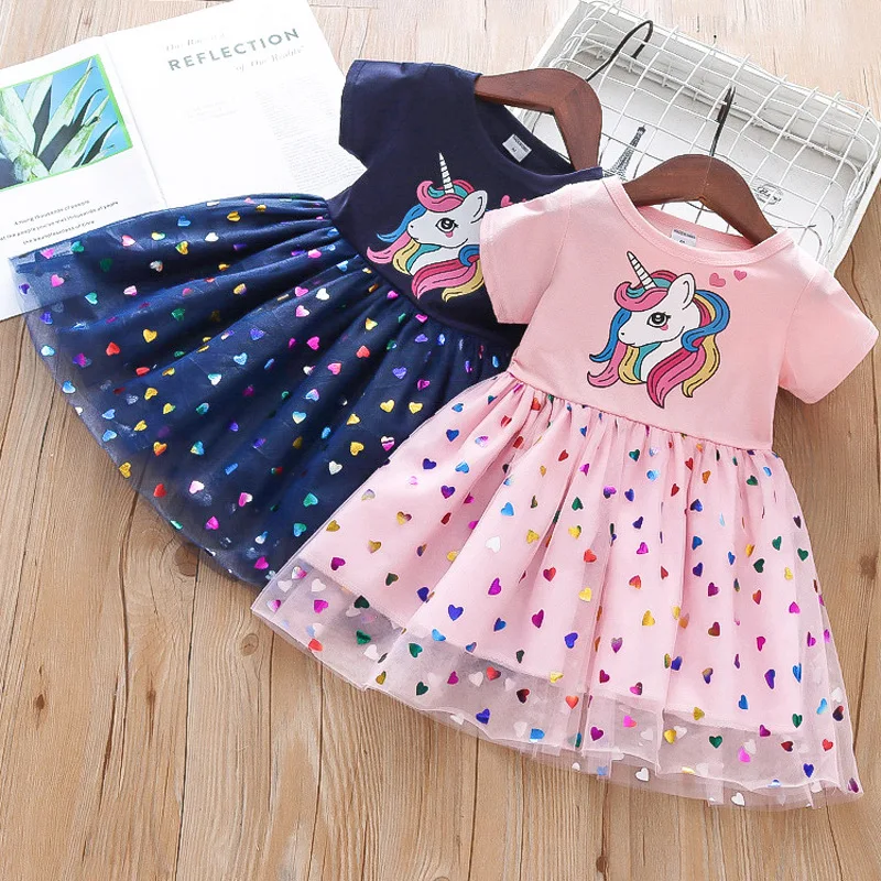 2026 Neues Sommer-Mädchenkleid aus Baumwolle mit Niedlichem Cartoon-Einhorn und Netzstoff-Einsatz Prinzessinnenkleid für 2-6 Jahre alte Mädchen Modische Kleidung – Detail 2