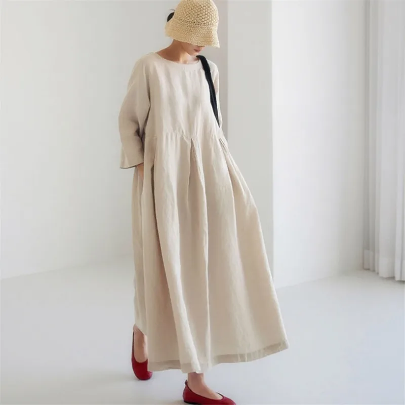 

Cotton Linen Round Neck Pullover Solid Long Skirt Large Swing Dress Elegant for Women Plus Size Loose Casual Outfits Mori Girl