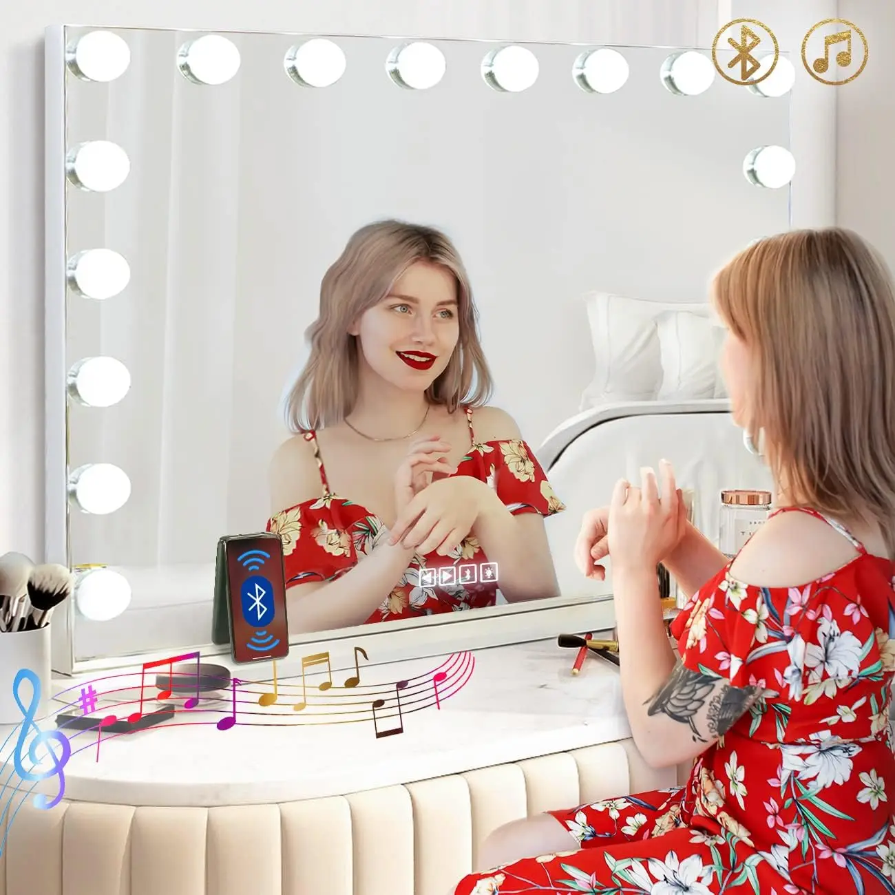 Vanity Mirror with Lights and Bluetooth Extra Large Hollywood Makeup Mirror with 18 pcs LED Bulbs Lighted USB