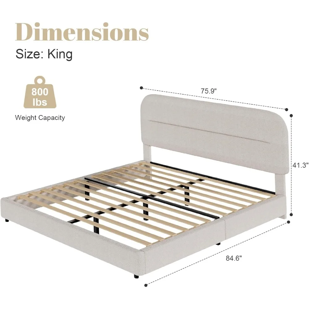 King Size Boucle Bed Frame, Upholstered Cloud Beds Frames with Headboard, Soft Platform Bed Frame with Thickened Footboard 3