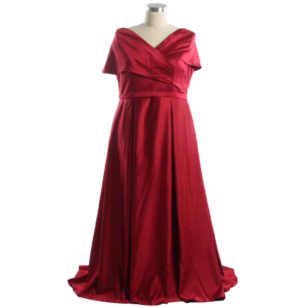 

Evening Dresses Shiny Burgundy Satin V-neck Short Sleeves Pleat Simple A-line Pleat Floor Length Plus size Party Dress C1498