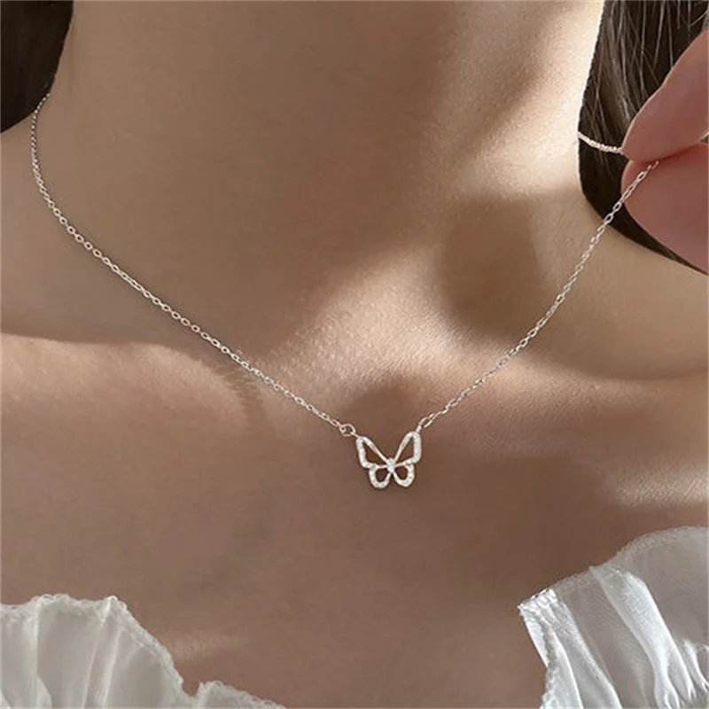 Simple Hollow Crystal Butterfly Necklace Fashion Classical
