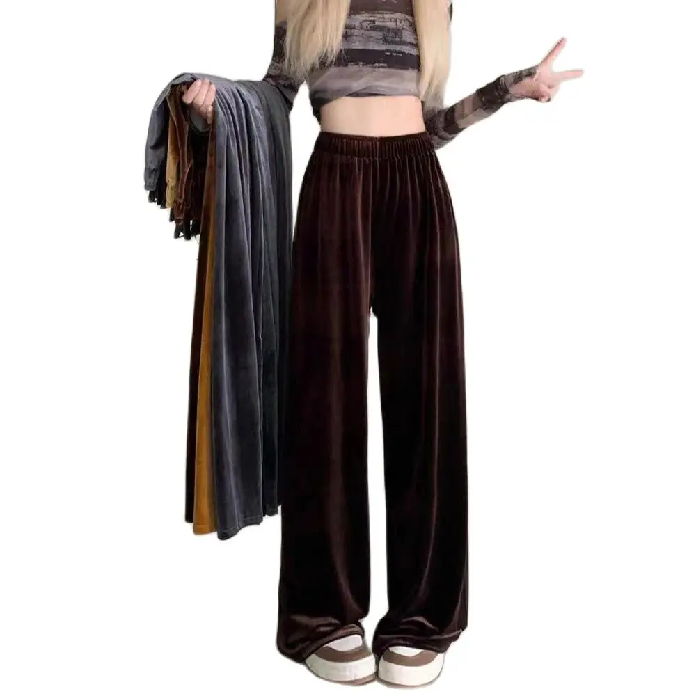 

2024 New Stylish Spring Autumn Coffee Golden Velvet Wide Leg Pants For Women's Winter Casual Straight Tube floor Long Pants 176