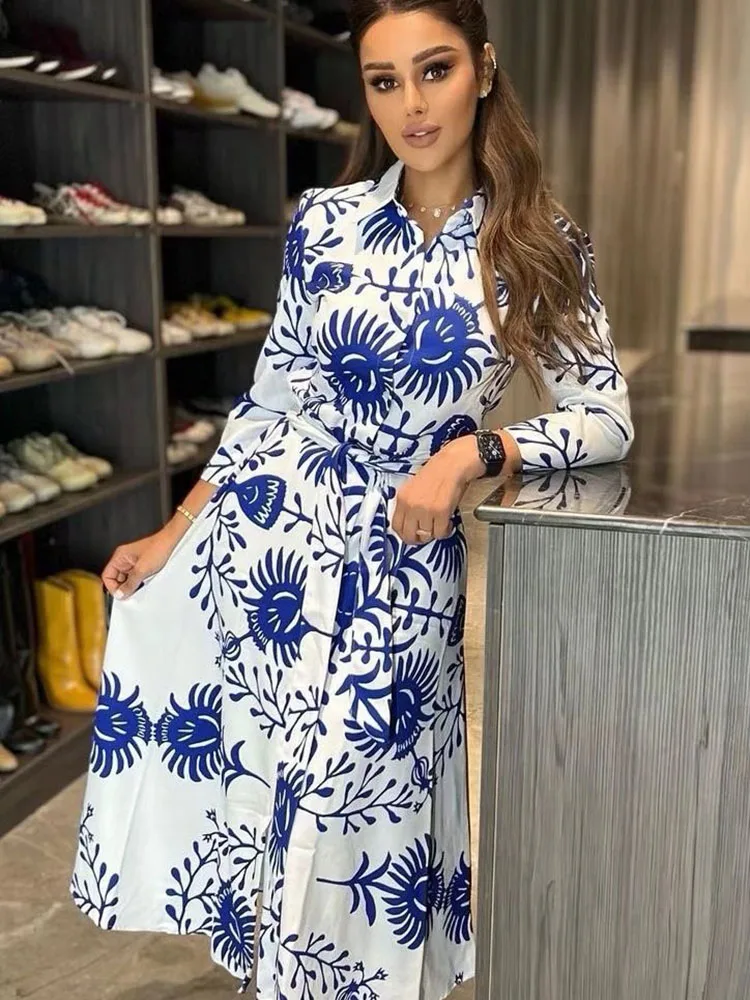 

BBWM 2022 New Women Printed Shirt Dress Elegant Ladies Long Sleeve Lapel Single Breasted Midi Dress with Belt