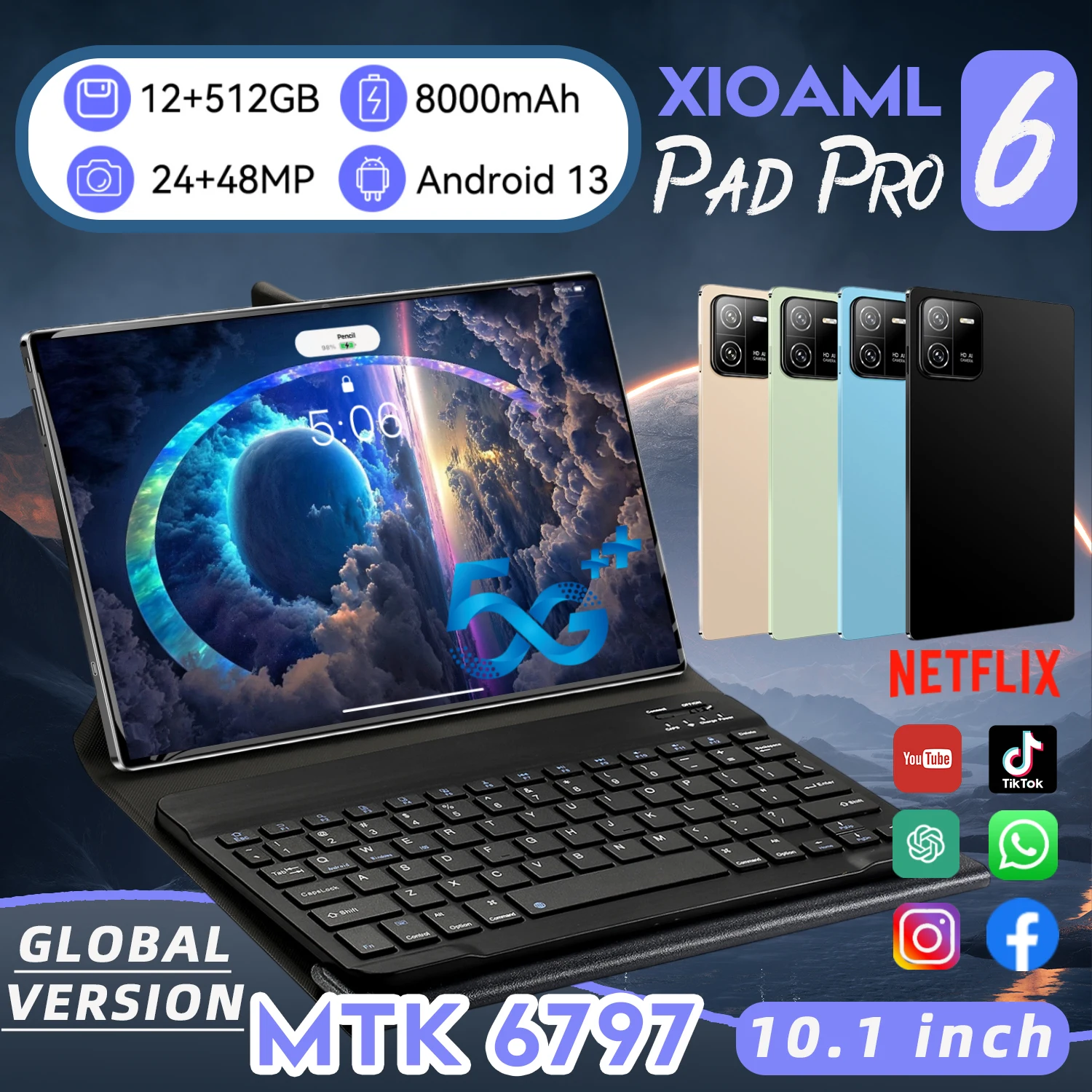 

Global Version XIOAML 6 Pad PRO Tablet Android 12 12GB 512GB 11 Inch 10000mAh 5G Dual SIM Phone Call GPS Bluetooth WiFi Tablet