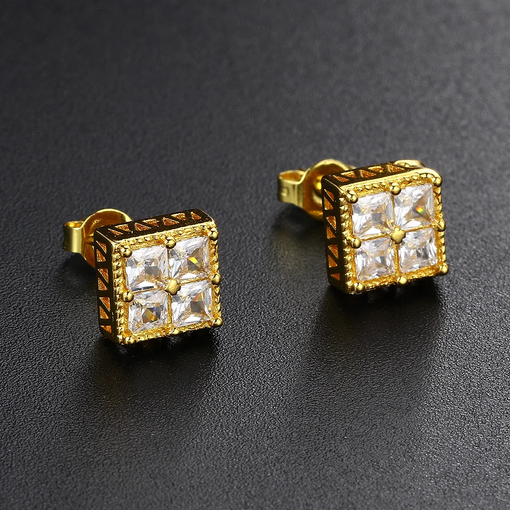 ピアス Luxury Street Wear ICE Crystal Sugar Earrings Ye unisexual hip hop white synthetic synthetic zircon​ square sugar cube