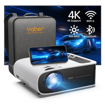 Yabber-Pro V8 4K 프로젝터, 와이파이 6, 블루투스 5.0, 450 ANSI 야외 프로젝터, 휴대용 홈 비디오 프로젝터