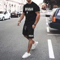 Plus Size Men's Casual Graphic 2Pcs Outfits Fashion Letter Print Short-Sleeve T-Shirt Shorts Set for Summer Men's T-Shirt Set 1