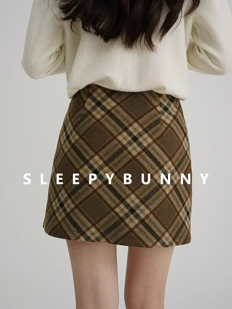 Autumn Winter Women Plaid Wool-Like Skirt High-Waisted Slim Fit Retro American Style Pencil Midi Skirt Elegant and Chic Bottom 5