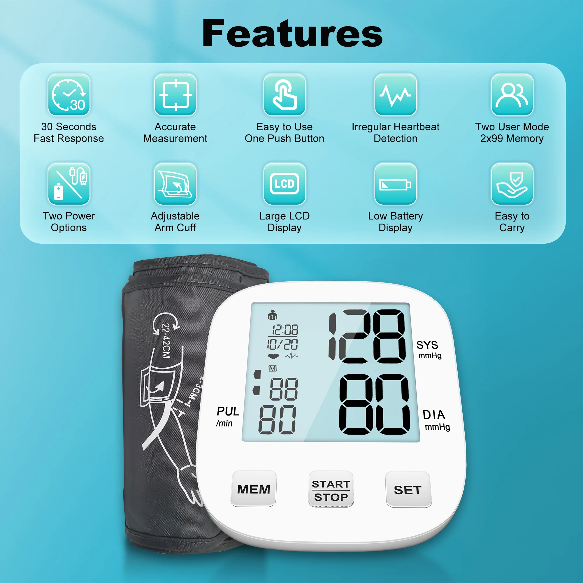 HealthTree Rechargeable Blood Pressure Monitor Sphygmomanometer Electronic BP Cuff LCD Screen Upper Arm Heart Beat blood pressure monitor blood pressure meter