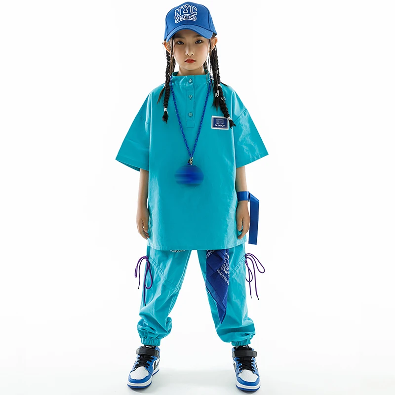 Kids Hip Hop Clothes Girls Loose T Shirt Pants Blue Suit Boys Street Dance Costume Kpop Concert Performance Wear BL10590