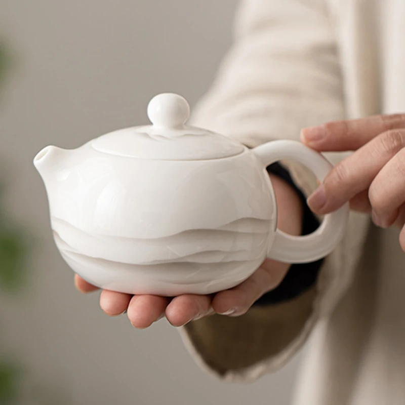 Chinese Style Ink Wash Pattern White Porcelain Teapot, Ceramic Small Xishi Tea Pot, Kung Fu Household, Handmade, 210ML, New, 1Pc