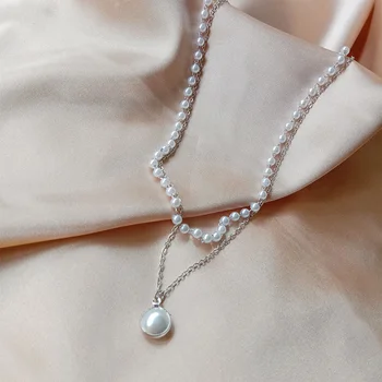 New Fashion Kpop Pearl Choker Necklace Cute Double Layer Chain Pendant For Women Jewelry Girl Gift 6