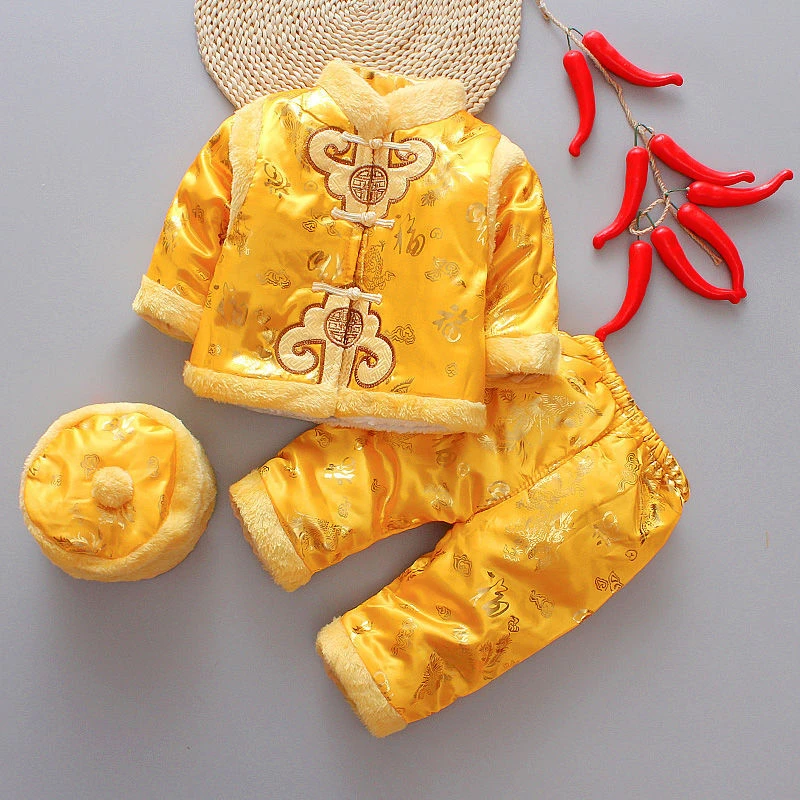 Baby New Year Tang Suit 3Pcs Chinese Traditional Kids Anniversary Costumes 10Colors Cotton Boys Girls Winter Warm chinese traditional costume