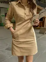 VONDA Women Dress Summer Elegant Long Sleeve Solid Color Shirt Sundress Party Casual Loose Buttons Pockets Short Mini Vestidos - Image 3