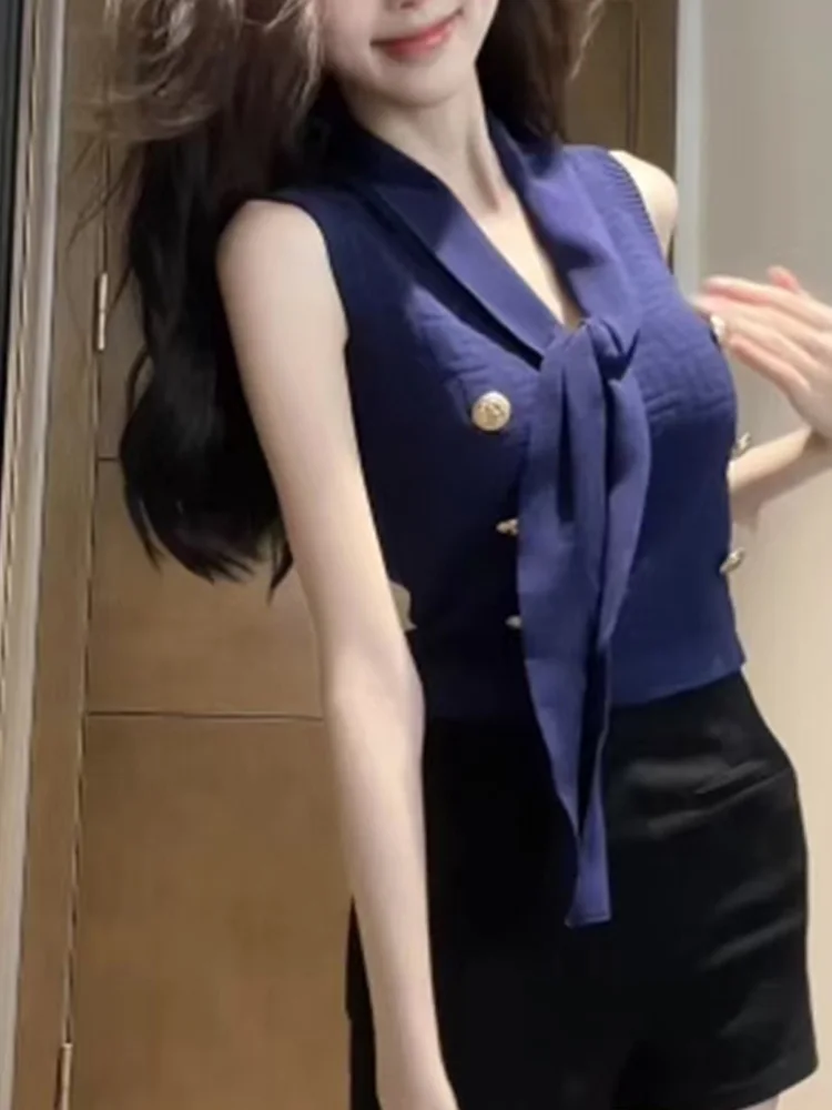 New Women's V-neck Knitted Sleeveless Vest, Elegant Collar Lace-up Double-breasted Pullover Top Fashion Lady's Clothing