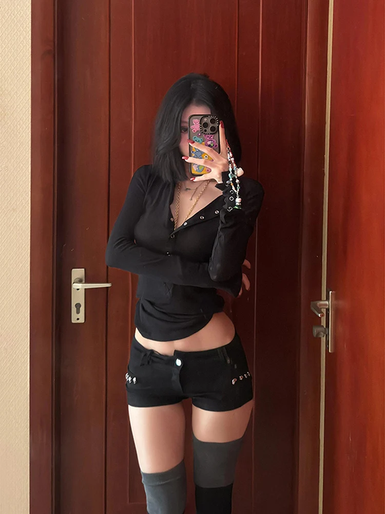 Sexy American Sle Long Sve Button up V Ne T irt Women's Slim Fit Inner Wear Base irt Sweet And Spicy Chic Top