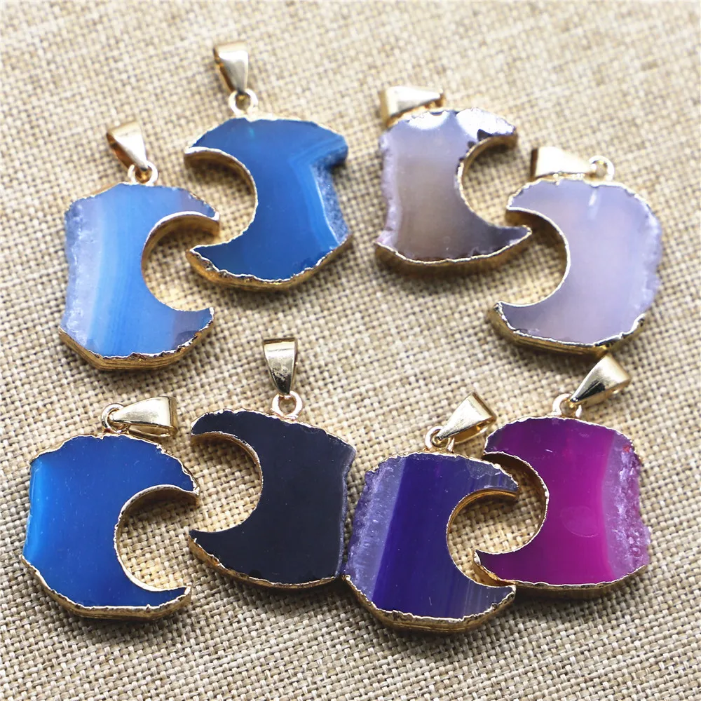 Natural Stone Druzys Agates Moon Necklace Pendants Charms Healing Crystals Irregular for DIY Jewelry Making Size 25-20mm 6PCS