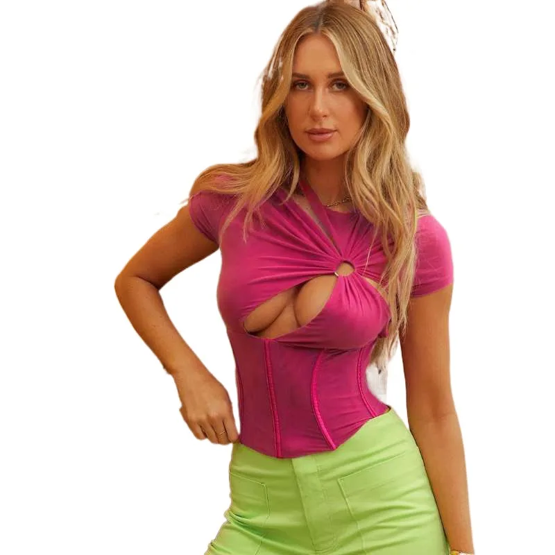 

European And American Style 2023 Summer New Women's Fashion Hollowed Out Slim Fitting Bottom Short Sleeved T-shirt
