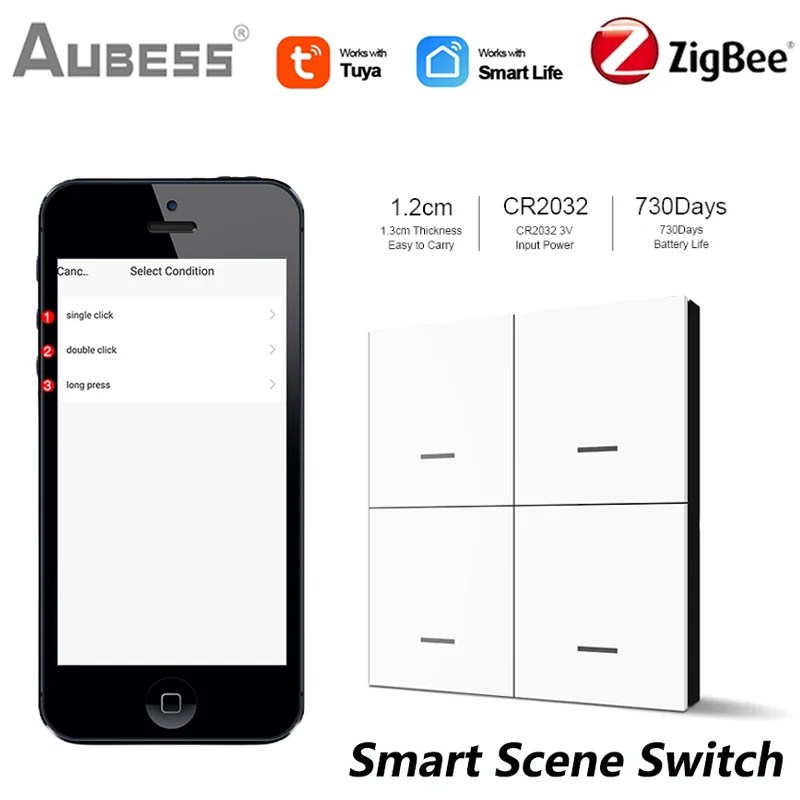 

1-10 PCS Aubess Tuya Zigbee Smart Switch 4 Gang 12 Scene Switch Automation Scenario Smart Home Wireless Push Button Controller