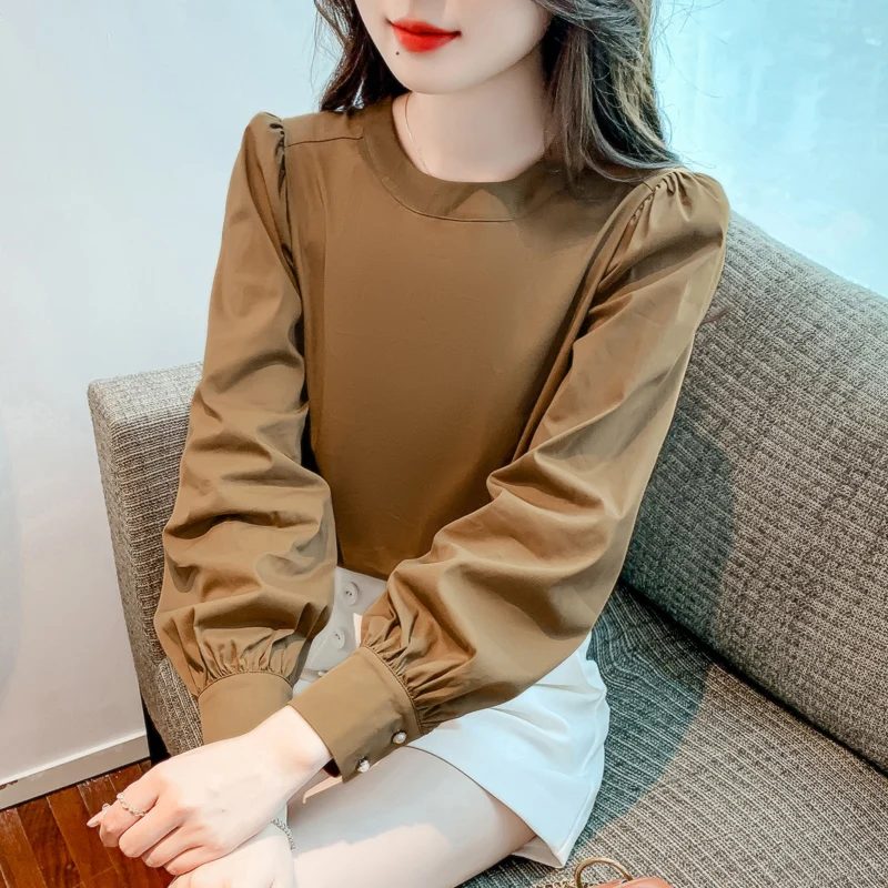 

Office Lady Tops Loose Round Collar Puff Sleeve Shirt Women Solid Color Blouse Autumn Long Sleeve Shirt 2024 New Clothes 28949