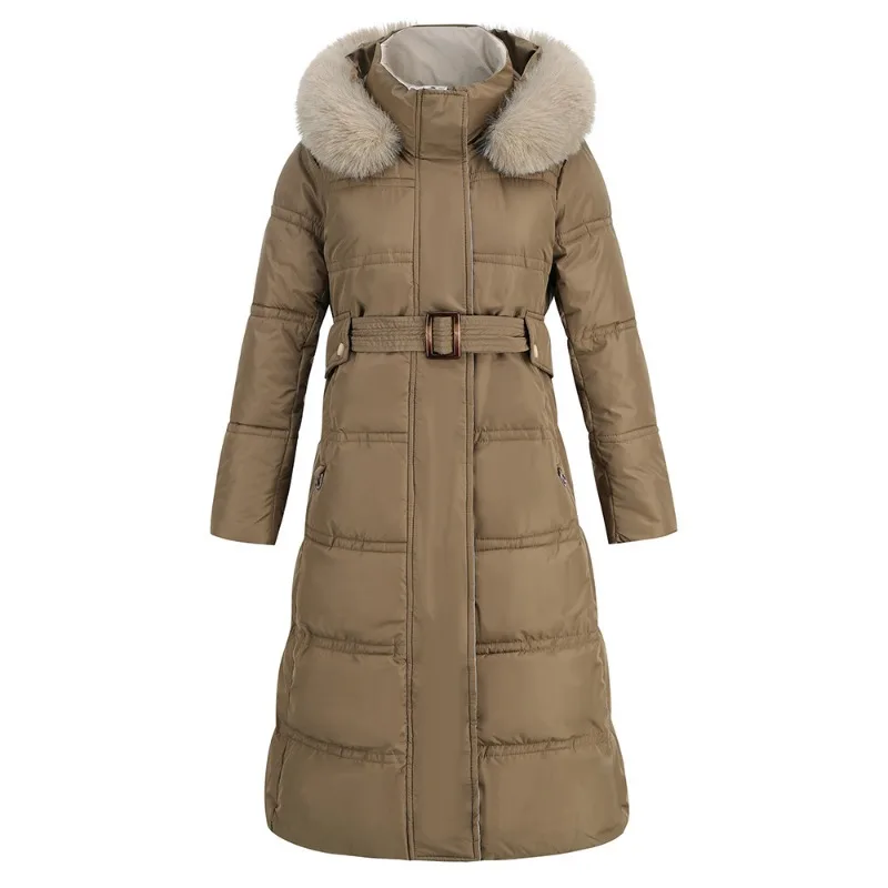 Down Cotton Jacket European and American Fur Collar Contrasting Color Coat Winter New Slim Fitting and Slimming Mid Length Coat