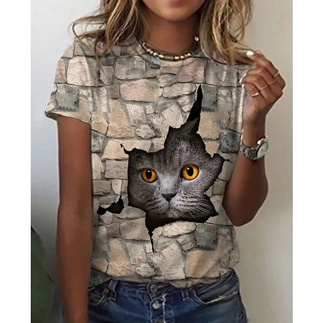 New  Printing Cute Cat/Cat Printing Female T-shirt Fashion Fitness Girl Short-sleeved Tops Fashion Casual Niche Design Clothing VRBI-4